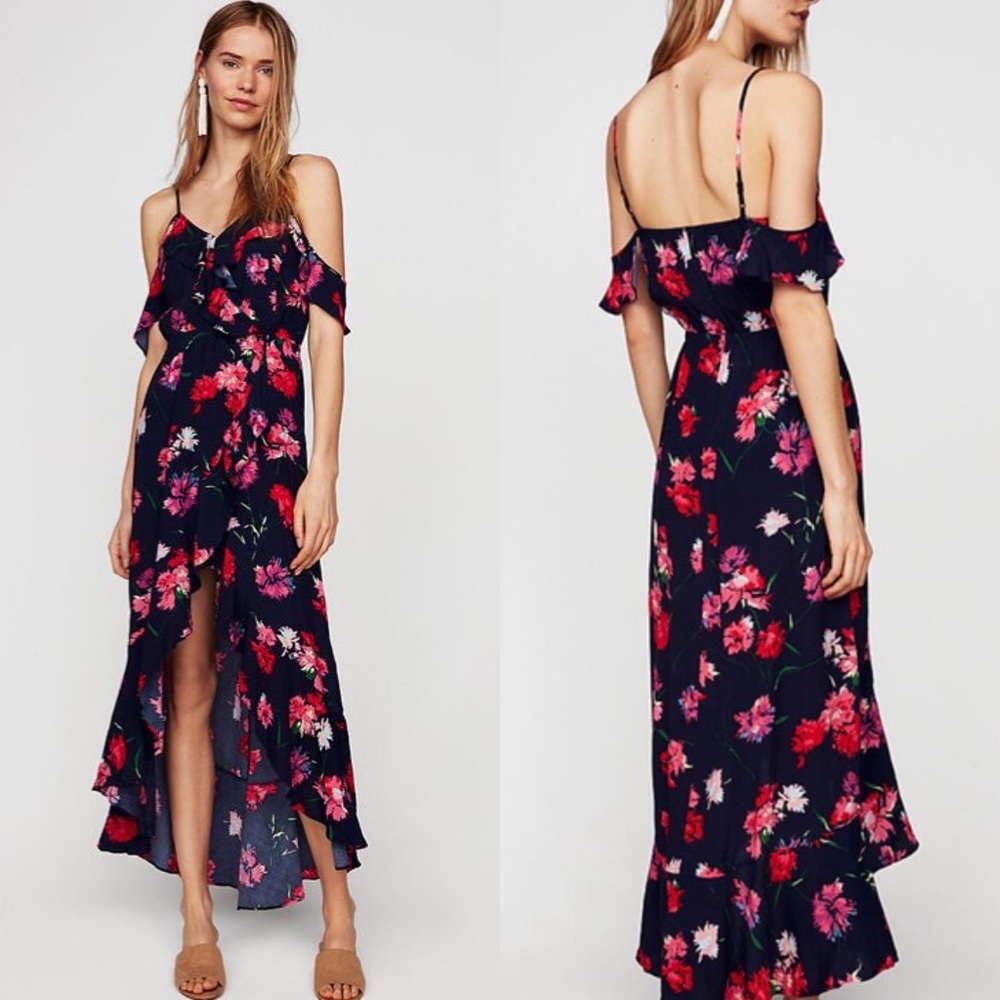 Express Floral Ruffle Wrap Cold Shoulders V-Neck Maxi Dress w/ Slit Blue NEW